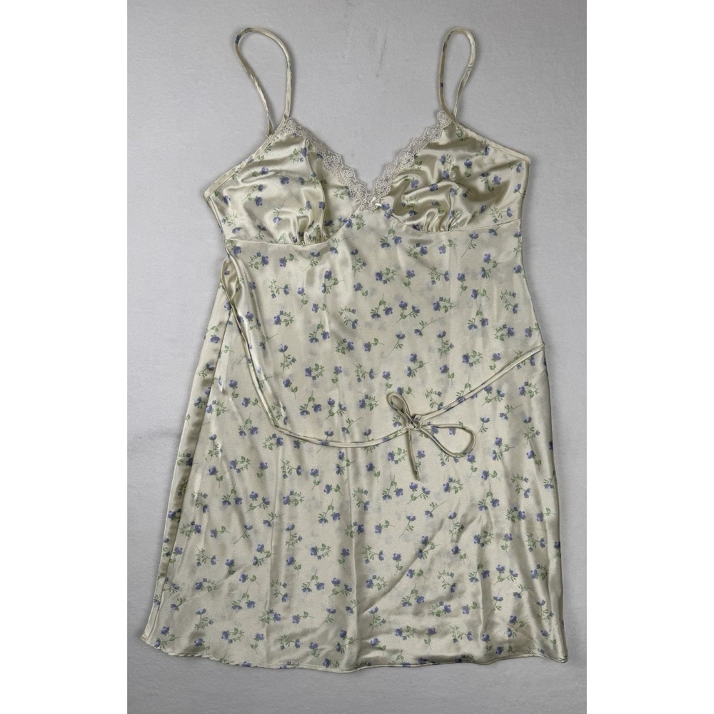 Adonna‎ Floral Satin Slip Dress Cream Purple Lace Tie Waist Women's Small